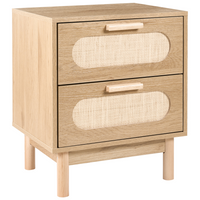 Comodino marrone chiaro in truciolato con frontale in rattan 2 cassetti Stile Boho Contenitore per camera da letto