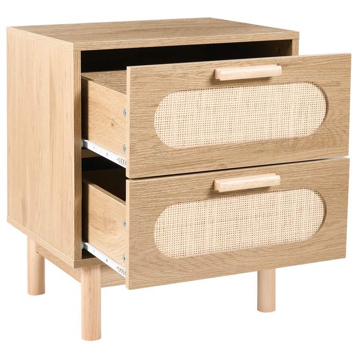 Comodino marrone chiaro in truciolato con frontale in rattan 2 cassetti Stile Boho Contenitore per camera da letto