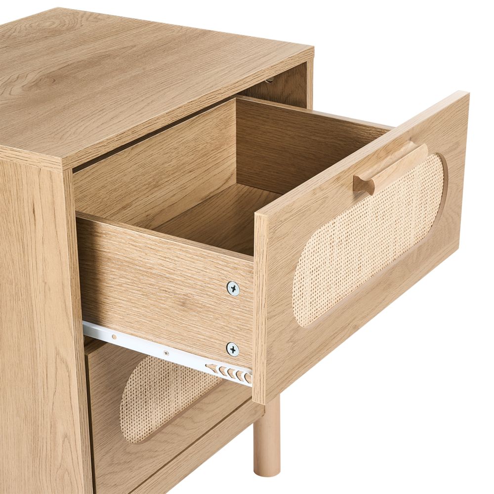 Comodino marrone chiaro in truciolato con frontale in rattan 2 cassetti Stile Boho Contenitore per camera da letto