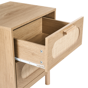 Comodino marrone chiaro in truciolato con frontale in rattan 2 cassetti Stile Boho Contenitore per camera da letto