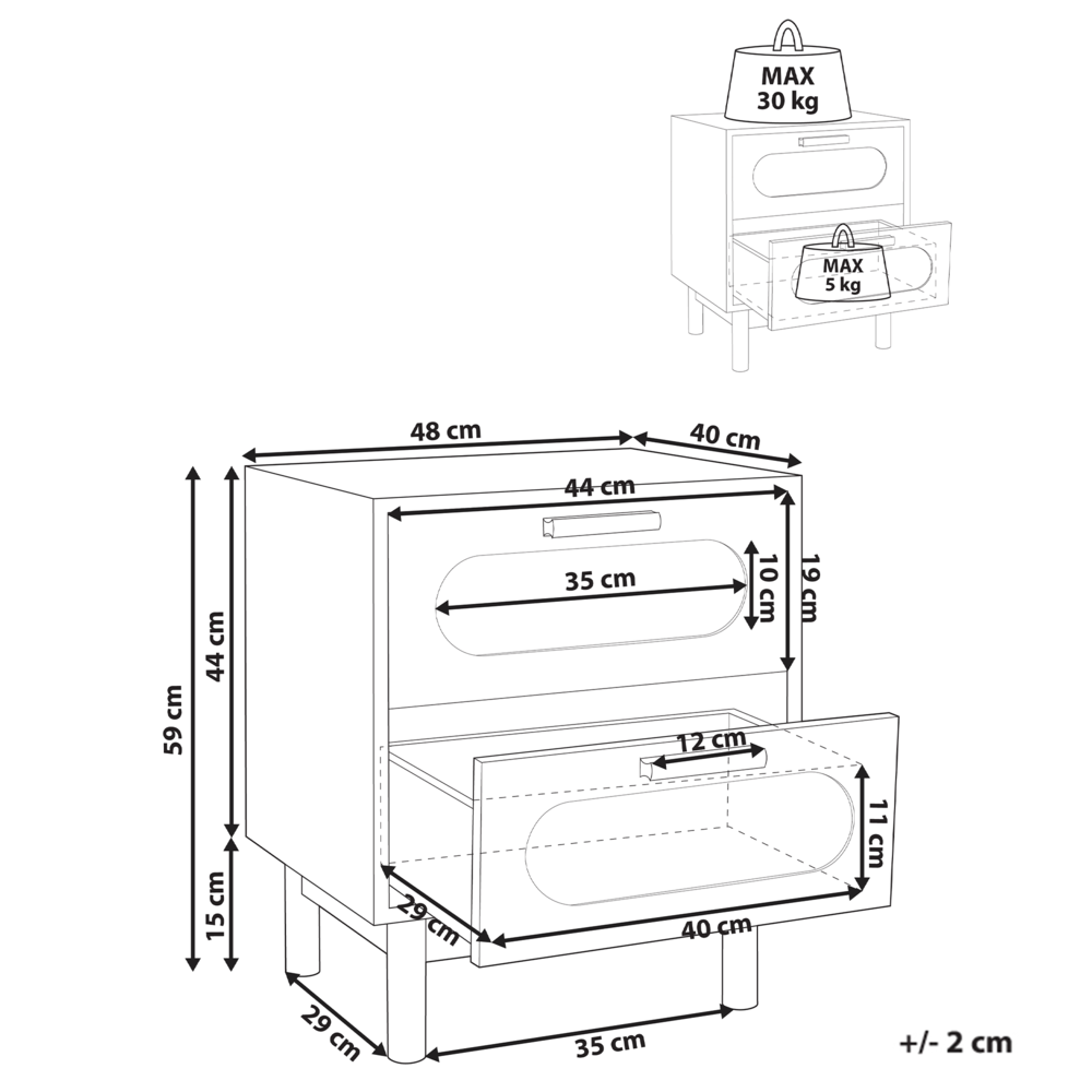 Comodino marrone chiaro in truciolato con frontale in rattan 2 cassetti Stile Boho Contenitore per camera da letto