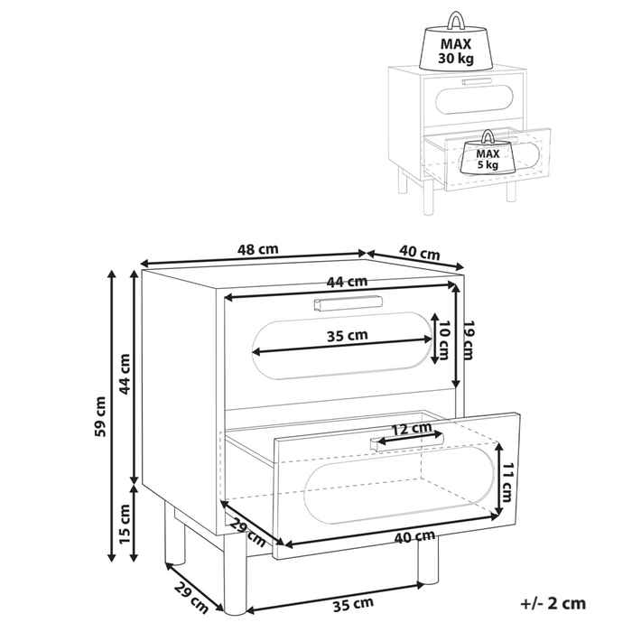 Comodino marrone chiaro in truciolato con frontale in rattan 2 cassetti Stile Boho Contenitore per camera da letto