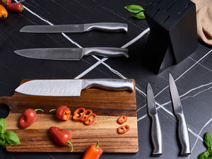 Set moderno di 5 coltelli con ceppo affilati a mano in acciaio inossidabile con durezza 54 HRC color argento