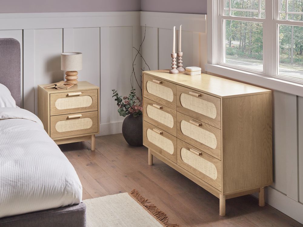 Cassettiera a 6 cassetti in truciolato marrone chiaro con frontale in rattan Stile Boho Camera da letto Soggiorno Credenza contenitore