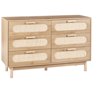 Cassettiera a 6 cassetti in truciolato marrone chiaro con frontale in rattan Stile Boho Camera da letto Soggiorno Credenza contenitore