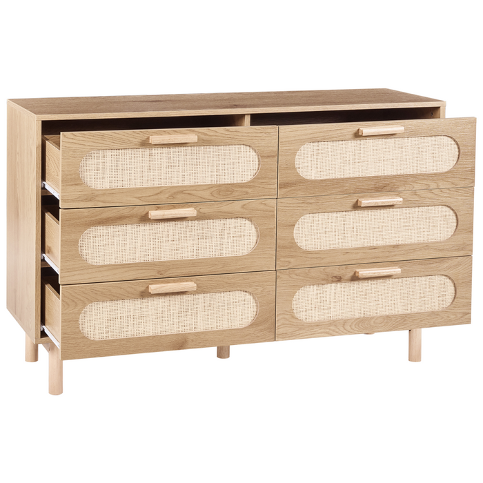 Cassettiera a 6 cassetti in truciolato marrone chiaro con frontale in rattan Stile Boho Camera da letto Soggiorno Credenza contenitore