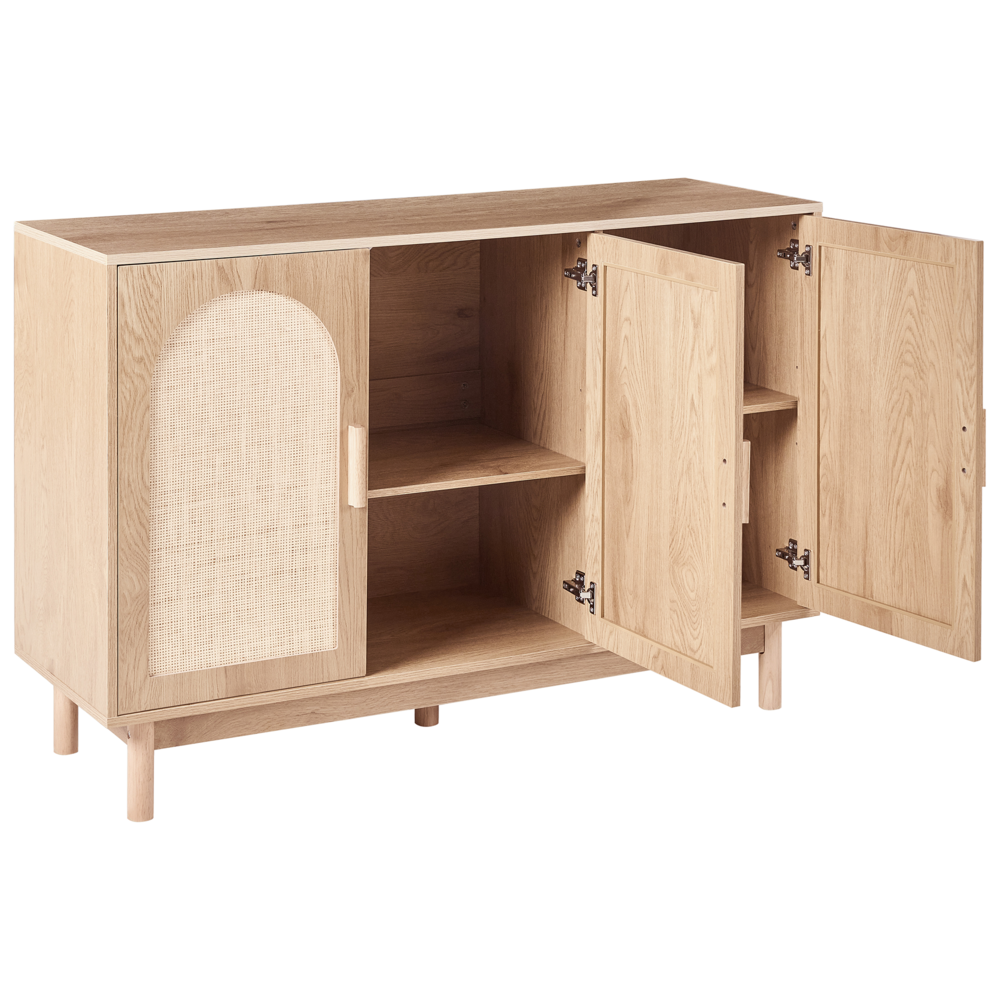 Credenza a 3 ante Marrone chiaro Pannello truciolare Frontale in rattan Gambe in legno Stile boho Mobile contenitore per soggiorno