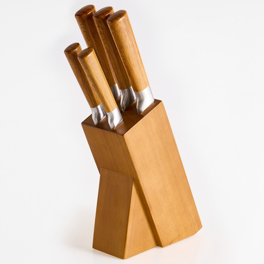 Set moderno di 5 coltelli con blocco in acciaio inossidabile affilati a mano durezza 54 HRC marrone