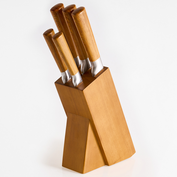 Set moderno di 5 coltelli con blocco in acciaio inossidabile affilati a mano durezza 54 HRC marrone