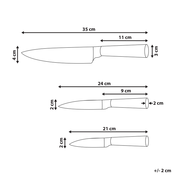 Set moderno di 3 coltelli con blocco in acciaio inossidabile affilati a mano durezza 54 HRC marrone