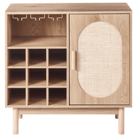Mobile portabottiglie marrone chiaro in truciolato frontale in rattan gambe in legno credenza con portabottiglie stile boho soggiorno contenitore