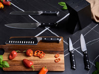 Set moderno di 5 coltelli con blocco in acciaio inossidabile affilati a mano durezza 54 HRC nero