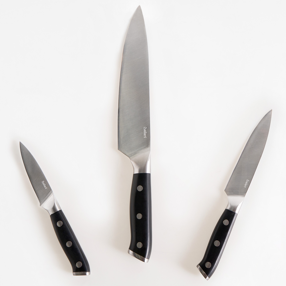 Set moderno di 3 coltelli con blocco in acciaio inossidabile affilati a mano durezza 54 HRC nero