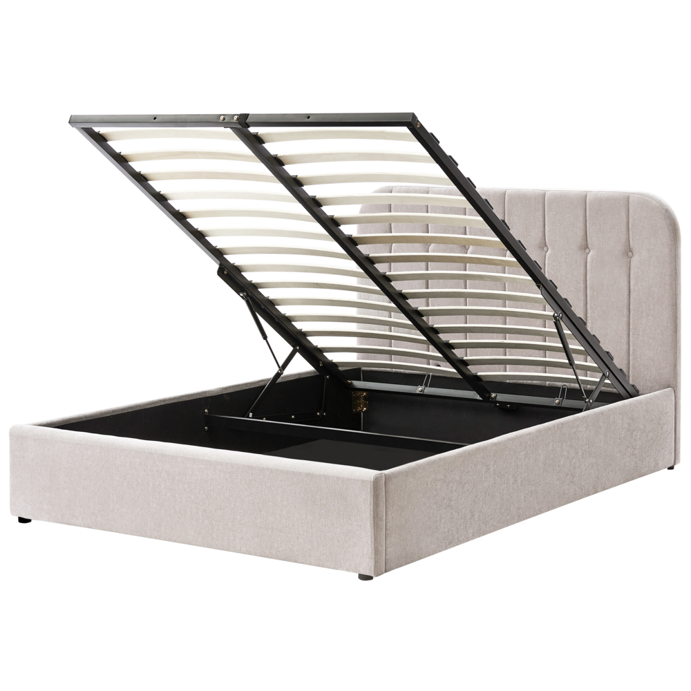 Letto matrimoniale 140 x 200 cm in tessuto Base letto a doghe Testiera trapuntata tortora