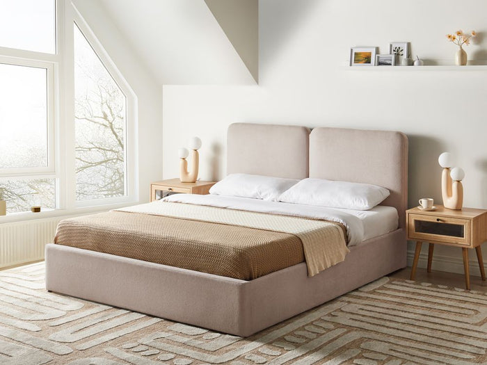 Letto ottomano color beige in tessuto 160 x 200 cm Testiera imbottita Rete a doghe sollevabile
