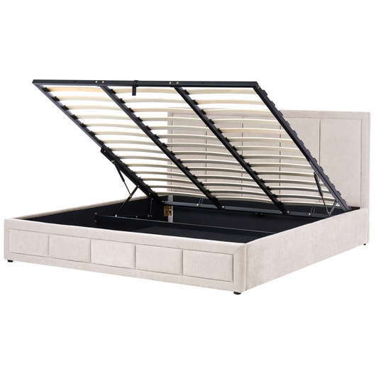 Letto ottomano color tortora in tessuto 180 x 200 cm Testiera imbottita Rete a doghe sollevabile Stile minimalista