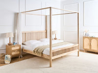 Letto matrimoniale a baldacchino stile minimalista con rete in legno di gomma e doghe marrone chiaro 180 x 200 cm