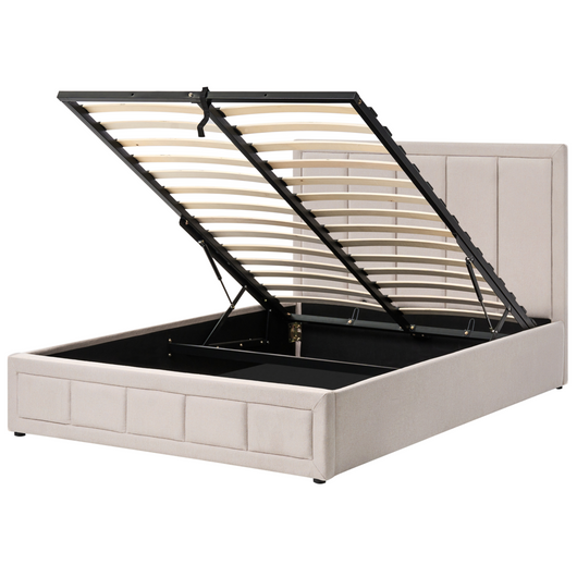 Letto ottomano color beige in tessuto 140 x 200 cm Testiera imbottita Rete a doghe sollevabile Stile minimalista