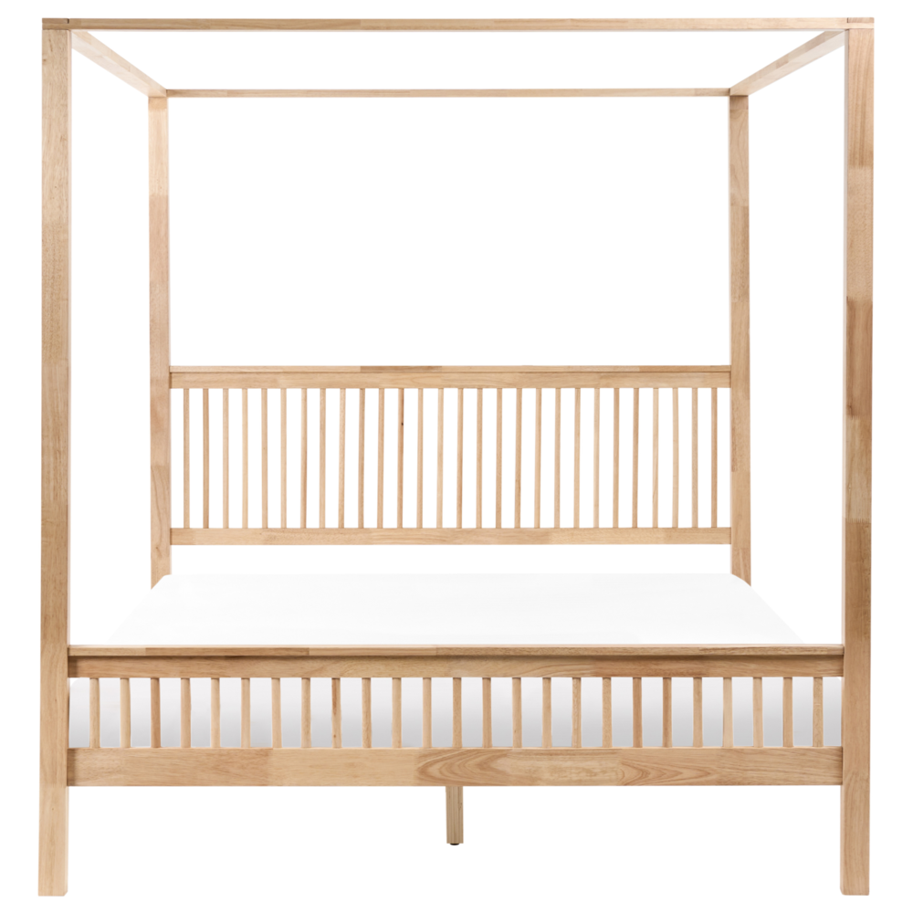 Letto matrimoniale a baldacchino stile minimalista con rete in legno di gomma e doghe marrone chiaro 180 x 200 cm