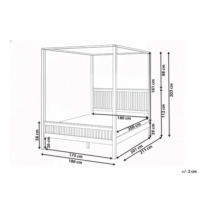 Letto matrimoniale a baldacchino stile minimalista con rete in legno di gomma e doghe marrone chiaro 180 x 200 cm