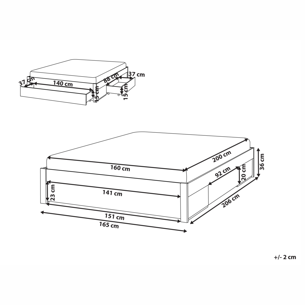 Letto con cassetti senza testiera in legno di gomma bianca 160 x 200 cm design moderno con contenitore