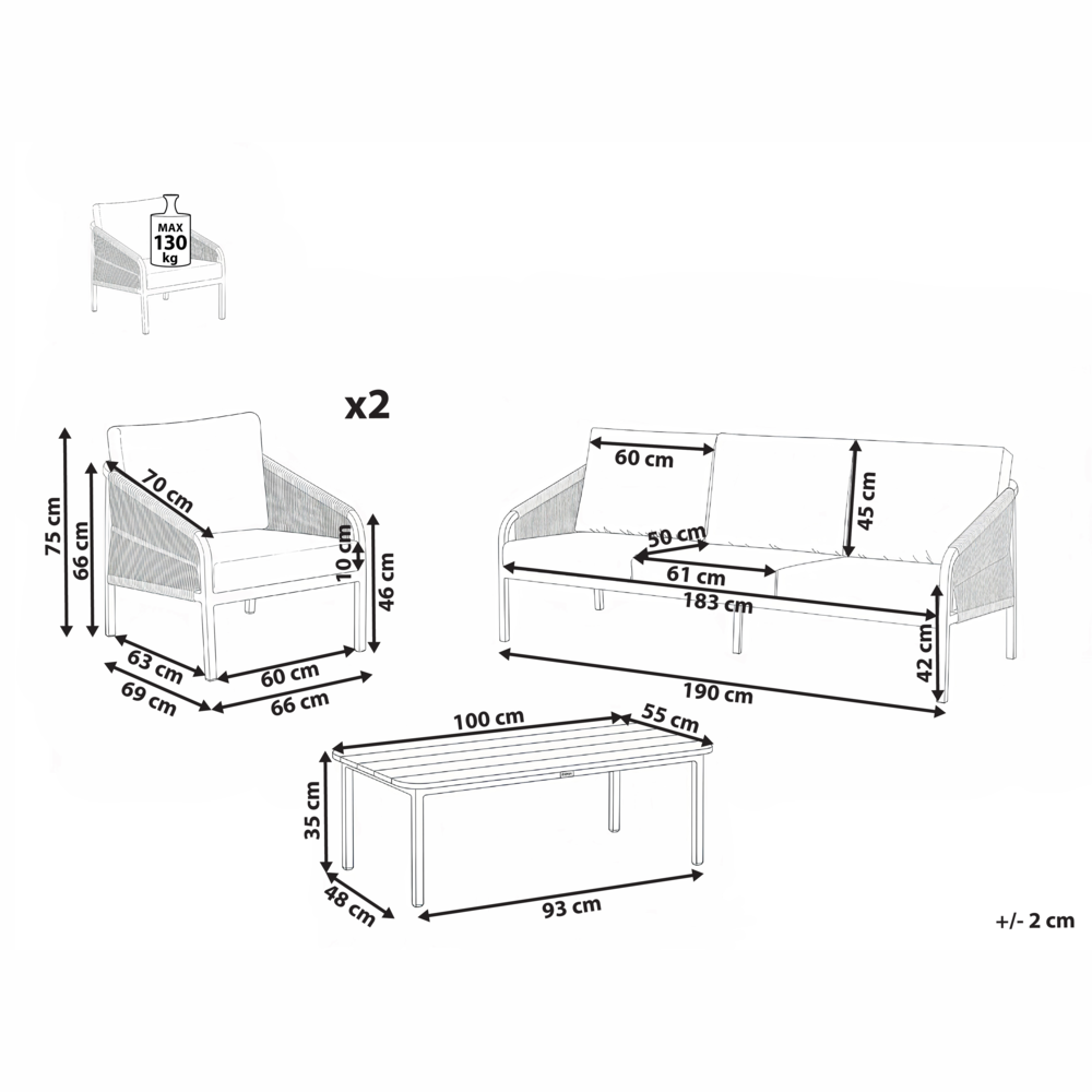 Set di divani da giardino a 5 posti Struttura in metallo beige Divano a 3 posti Poltrone con cuscini Stile moderno