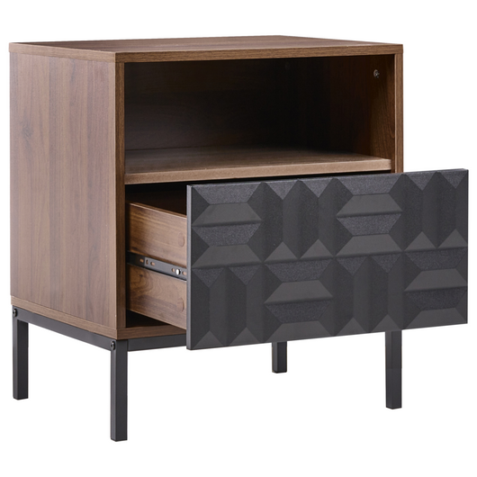 Comodino Marrone scuro MDF Gambe in metallo Cassetto Ripiano Motivo geometrico Comodino da camera da letto