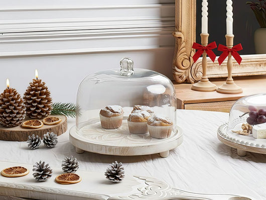 Alzata per torte con coperchio in legno di mango chiaro 29 x 29 x 23 cm Vassoio decorativo per torte Cupola portapasticceria