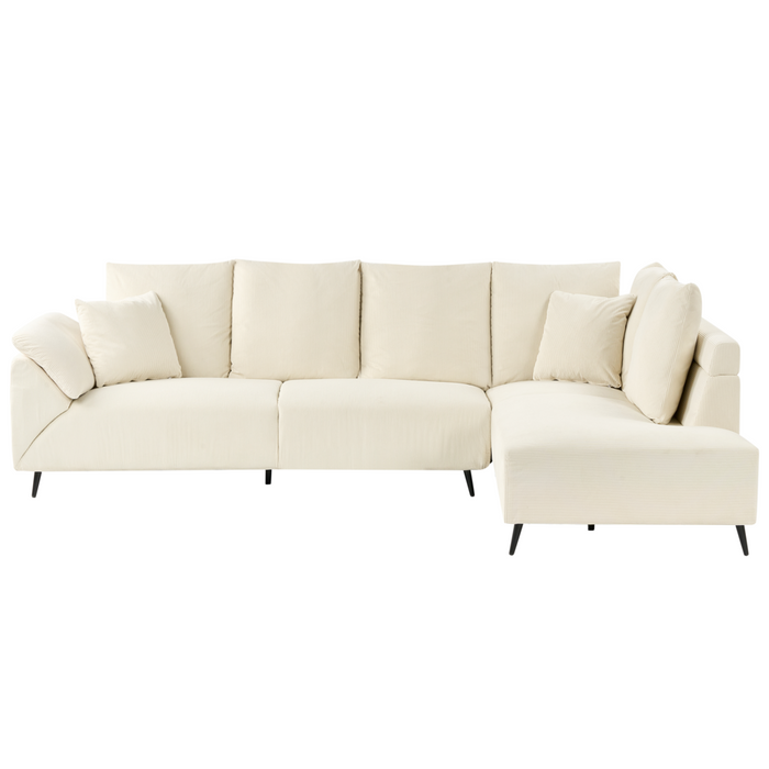 Divano ad angolo Cuscini in tessuto a coste beige chiaro Gambe nere in metallo Design retrò Schienale con cuscini