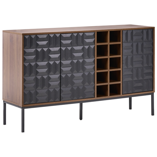 Credenza marrone scuro a 3 ante con ripiano, portabottiglie gambe in metallo MDF motivo geometrico soggiorno