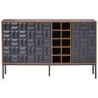 Credenza marrone scuro a 3 ante con ripiano, portabottiglie gambe in metallo MDF motivo geometrico soggiorno