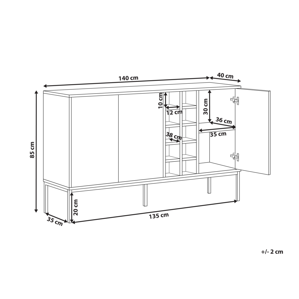 Credenza marrone scuro a 3 ante con ripiano, portabottiglie gambe in metallo MDF motivo geometrico soggiorno