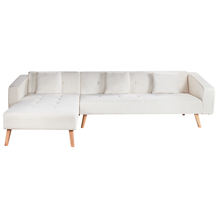 Divano letto ad angolo lato destro con bottoni in bouclè bianco sporco a 4 posti stile elegante