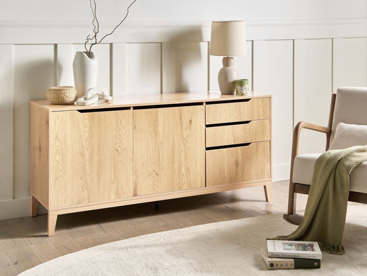 Credenza Marrone chiaro 2 ante Ripiani e cassetti Contenitore in MDF Gambe in legno Soggiorno Stile scandinavo moderno