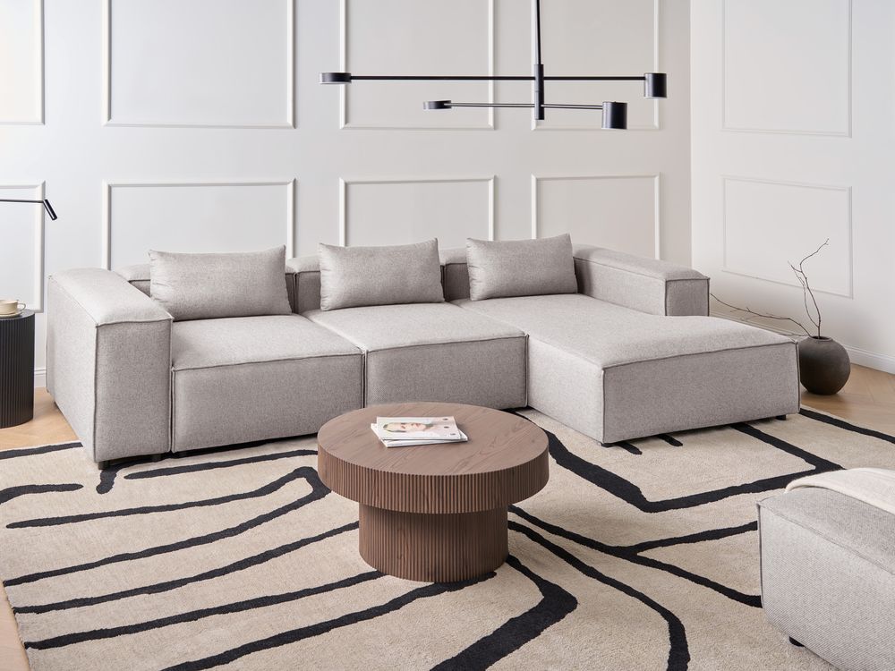 Divano a 4 posti in tessuto modulare marrone chiaro lato sinistro stile moderno minimalista