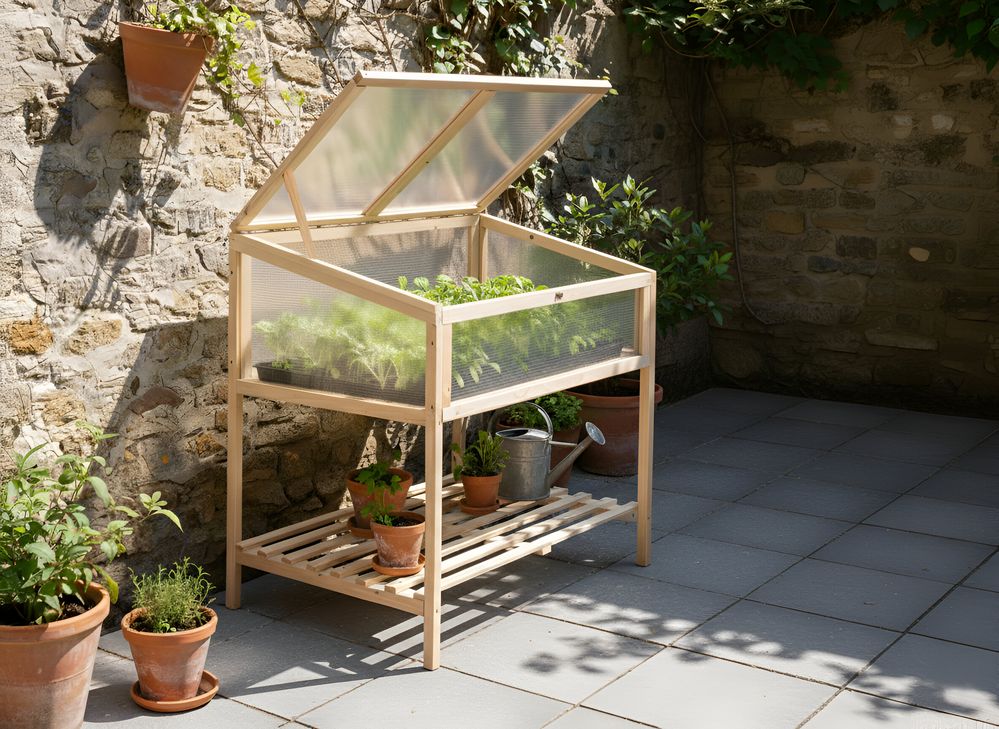 Serra da balcone Marrone chiaro Legno di abete Letto da giardino rialzato Pannello trasparente Giardino