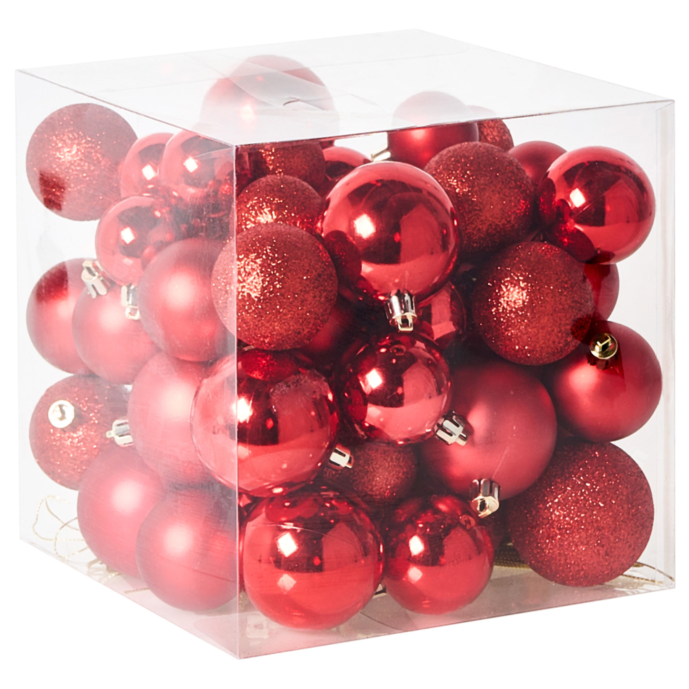 Set di 60 palline di Natale in plastica Decorazioni da appendere all'albero di Natale Stile tradizionale Glitter rosso