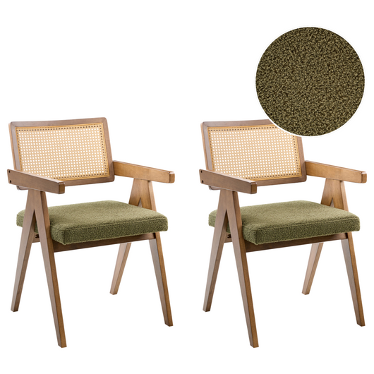 Set di 2 sedie da pranzo marrone scuro e verde con struttura in legno di caucciù e sedile in bouclè Cucina da pranzo retrò