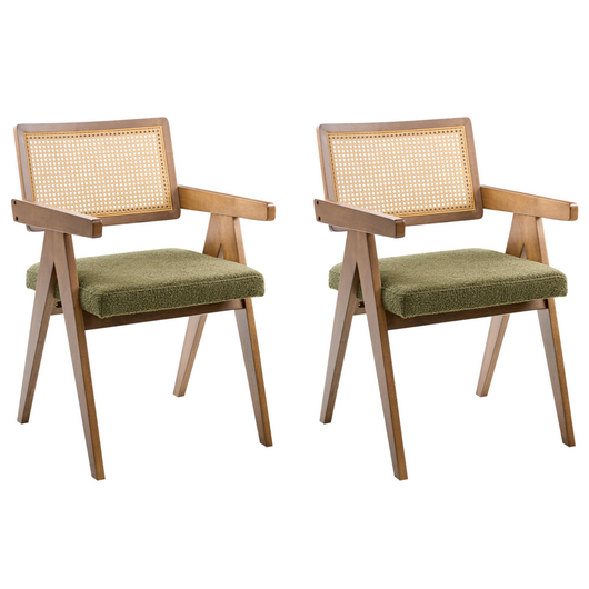 Set di 2 sedie da pranzo marrone scuro e verde con struttura in legno di caucciù e sedile in bouclè Cucina da pranzo retrò