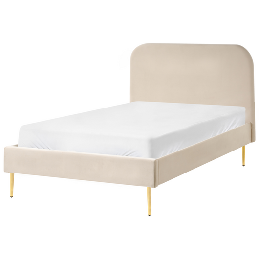Letto beige velluto tappezzeria doppia dimensione gambe dorate testiera con rete a doghe 120 x 200 cm design minimalista