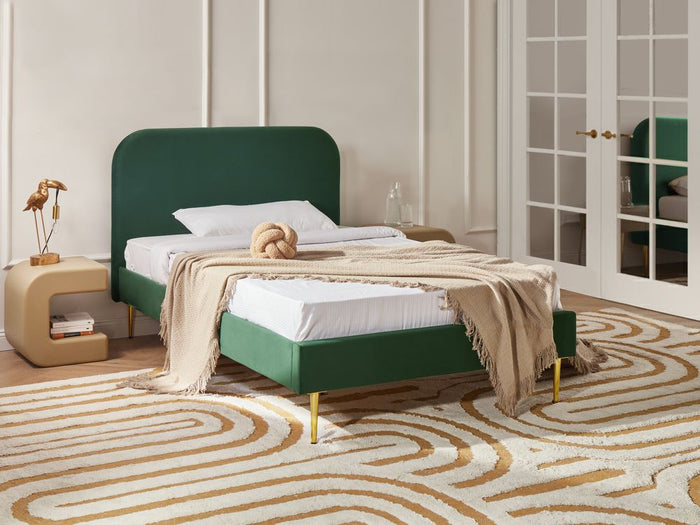 Letto verde scuro velluto tappezzeria doppia dimensione gambe dorate testiera con rete a doghe 120 x 200 cm design minimalista