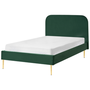 Letto verde scuro velluto tappezzeria doppia dimensione gambe dorate testiera con rete a doghe 120 x 200 cm design minimalista