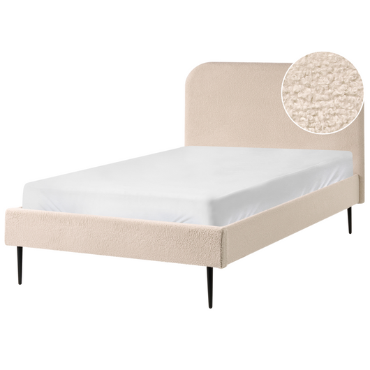 Letto beige bouclè tappezzeria doppia dimensione gambe dorate testiera con rete a doghe 120 x 200 cm design minimalista