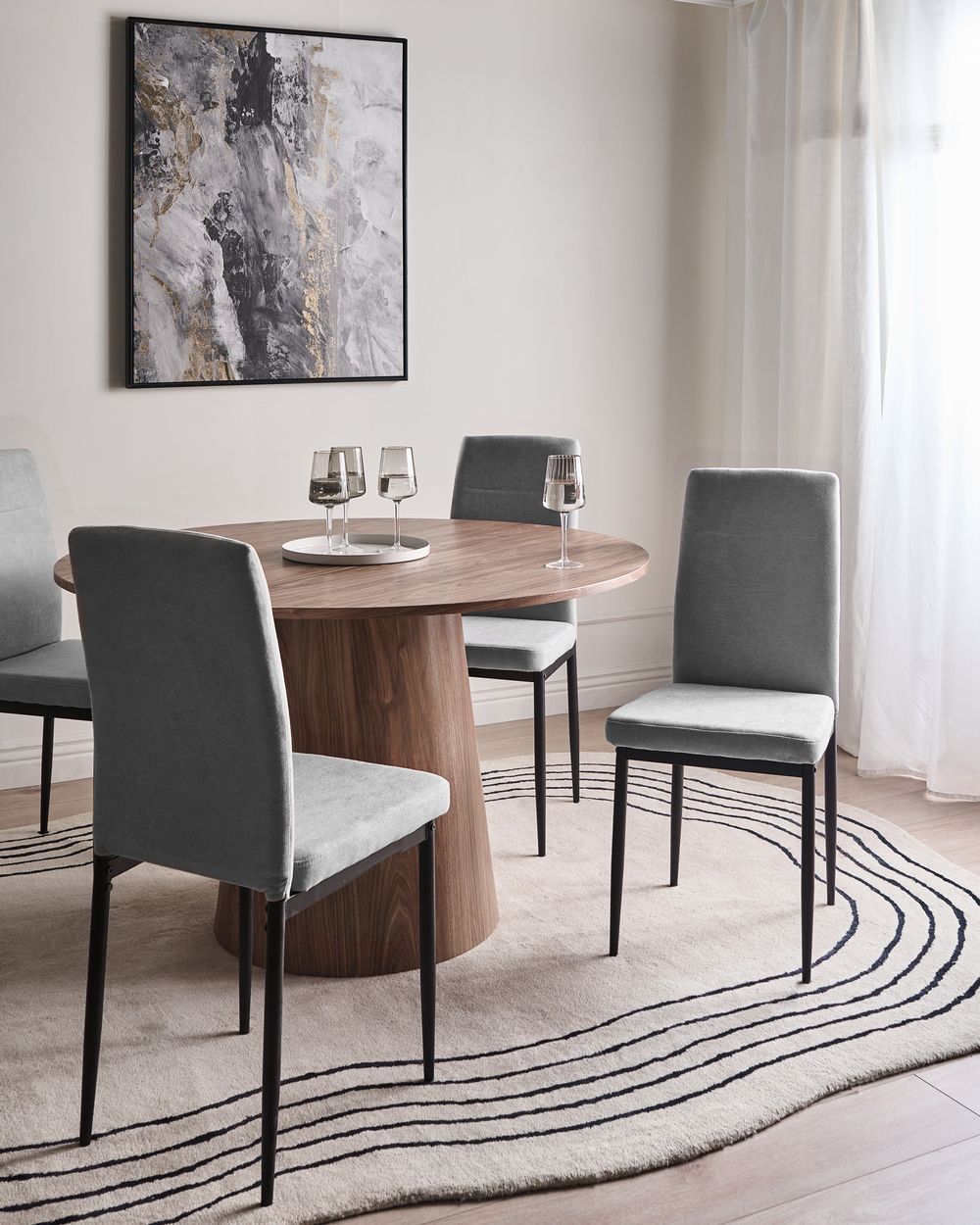 Set di 4 sedie da pranzo in tessuto, rivestimento grigio gambe in ferro nero senza braccioli per sala da pranzo