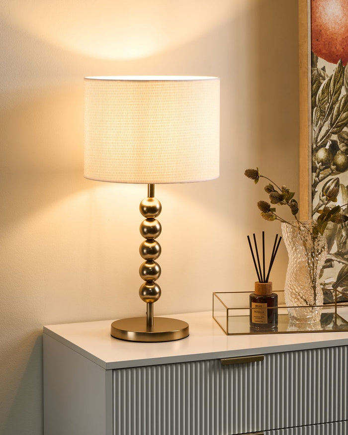 Lampada da tavolo in ottone e ferro con paralume a tamburo in tessuto Lampada da comodino in stile moderno di metà secolo