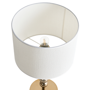 Lampada da tavolo in ottone e ferro con paralume a tamburo in tessuto Lampada da comodino in stile moderno di metà secolo