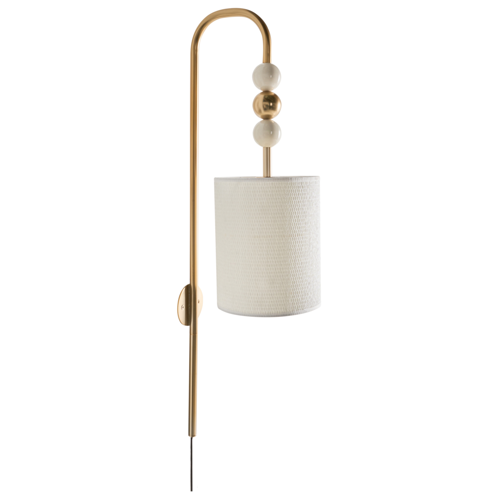 Lampada da parete in ottone e beige ferro con paralume a tamburo in tessuto Stile moderno di metà secolo