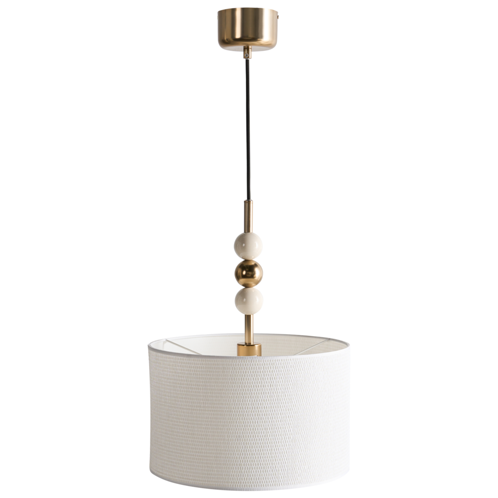 Lampada a sospensione Ottone e beige Ferro Paralume a tamburo in tessuto Stile moderno di metà secolo