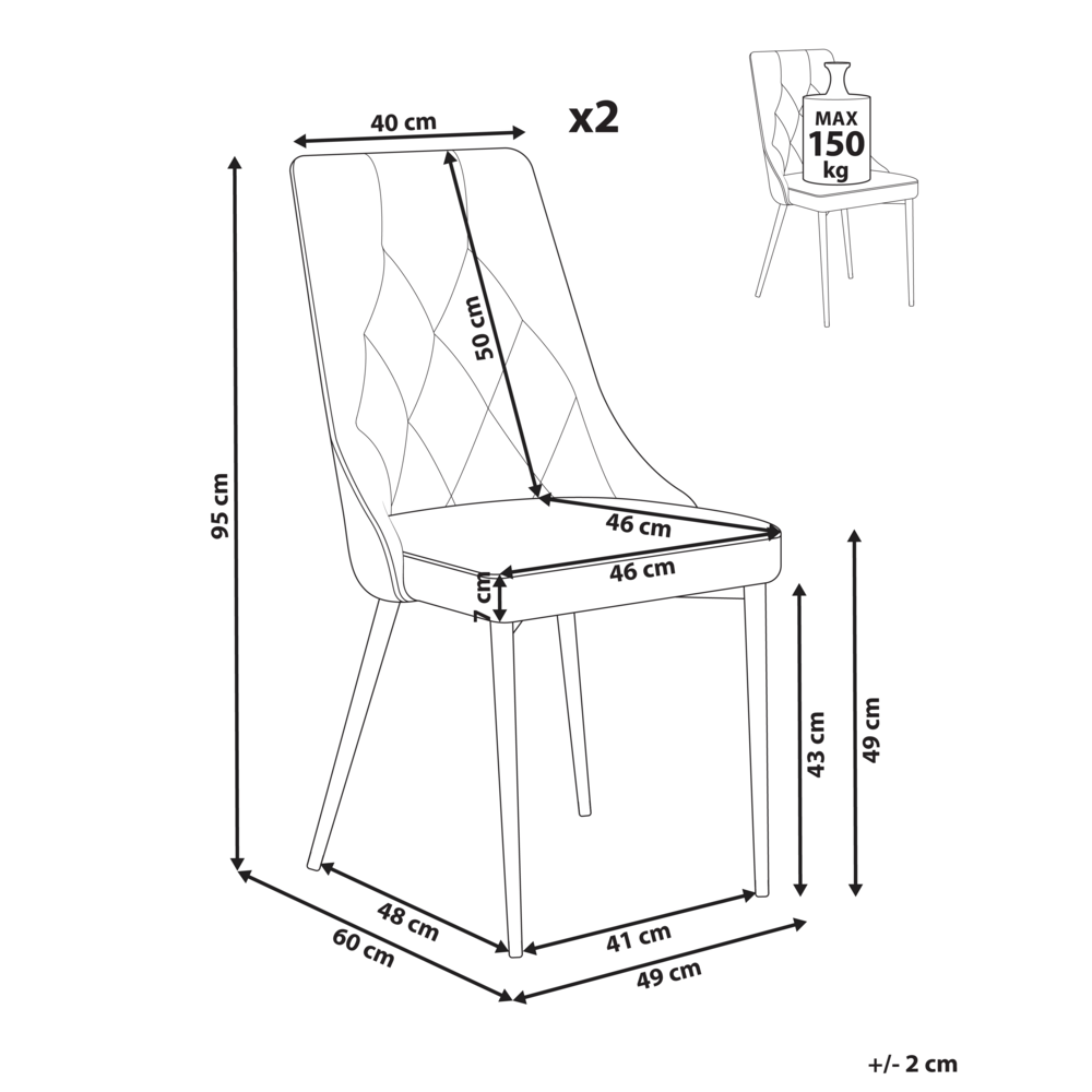 Set di 2 sedie da pranzo scandinave Rivestimento in velluto verde oliva Gambe in ferro nero Seduta in tessuto Senza braccioli