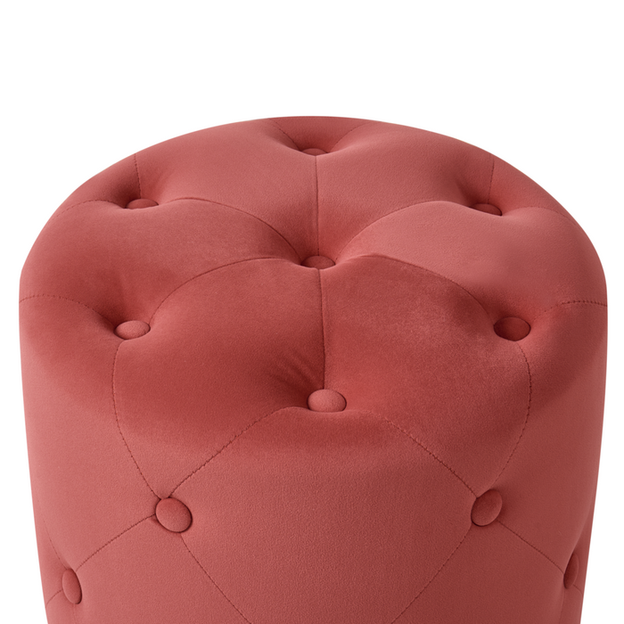 Pouf ottomana trapuntato rotondo rosso corallo trapuntato Chesterfield